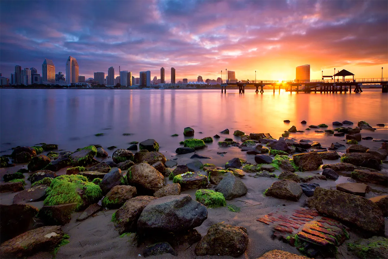 Skyline of San Diego from the water at sunset 