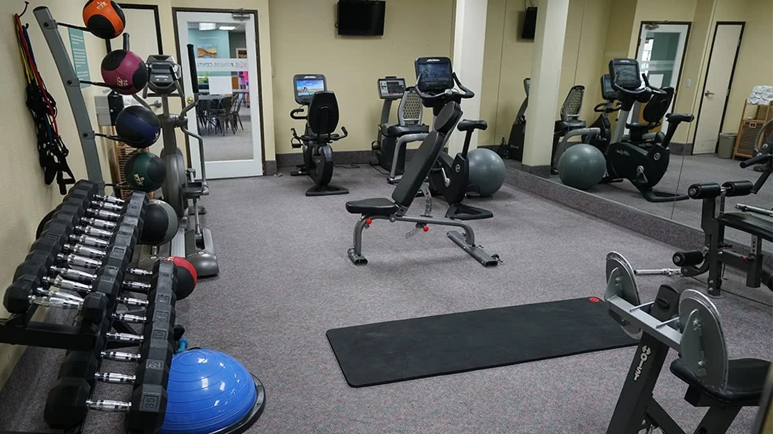 A fully equipped workout room with weights, medicine balls, and exercise bikes