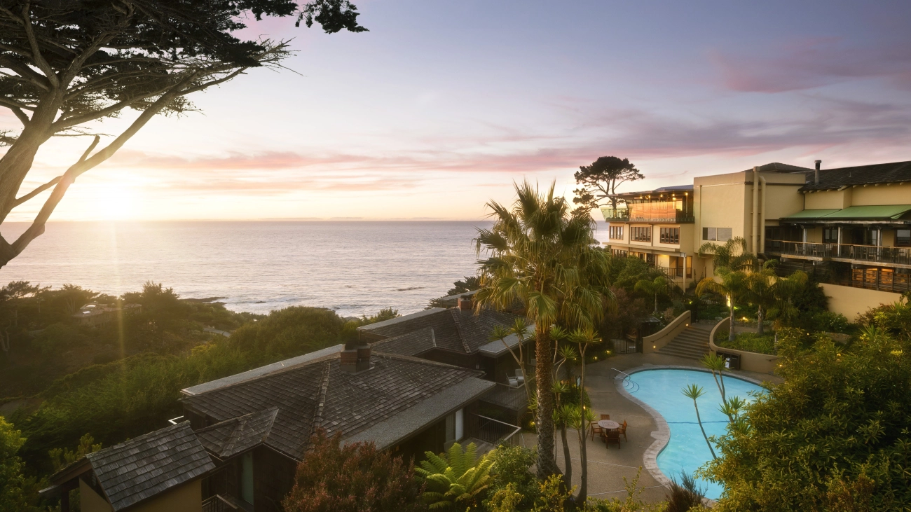 Aerial view of a freeform pool, palm trees, and resort overlooking the ocean