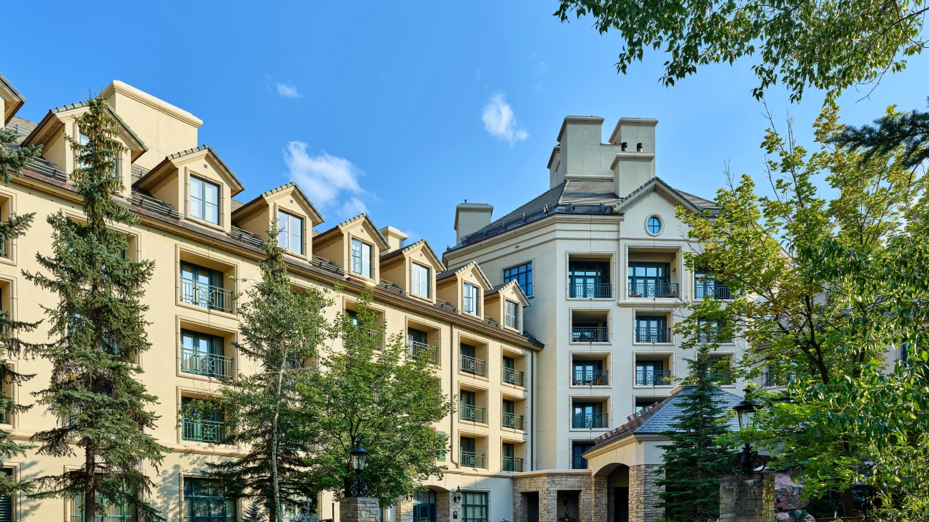 Outdoor shot of alpine villa buildings on a sunny day