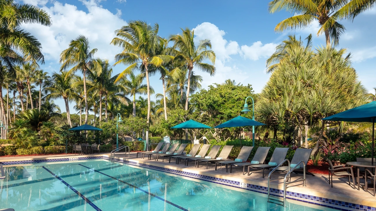 A clear blue pool desk sits underneath blue skies and sunshine