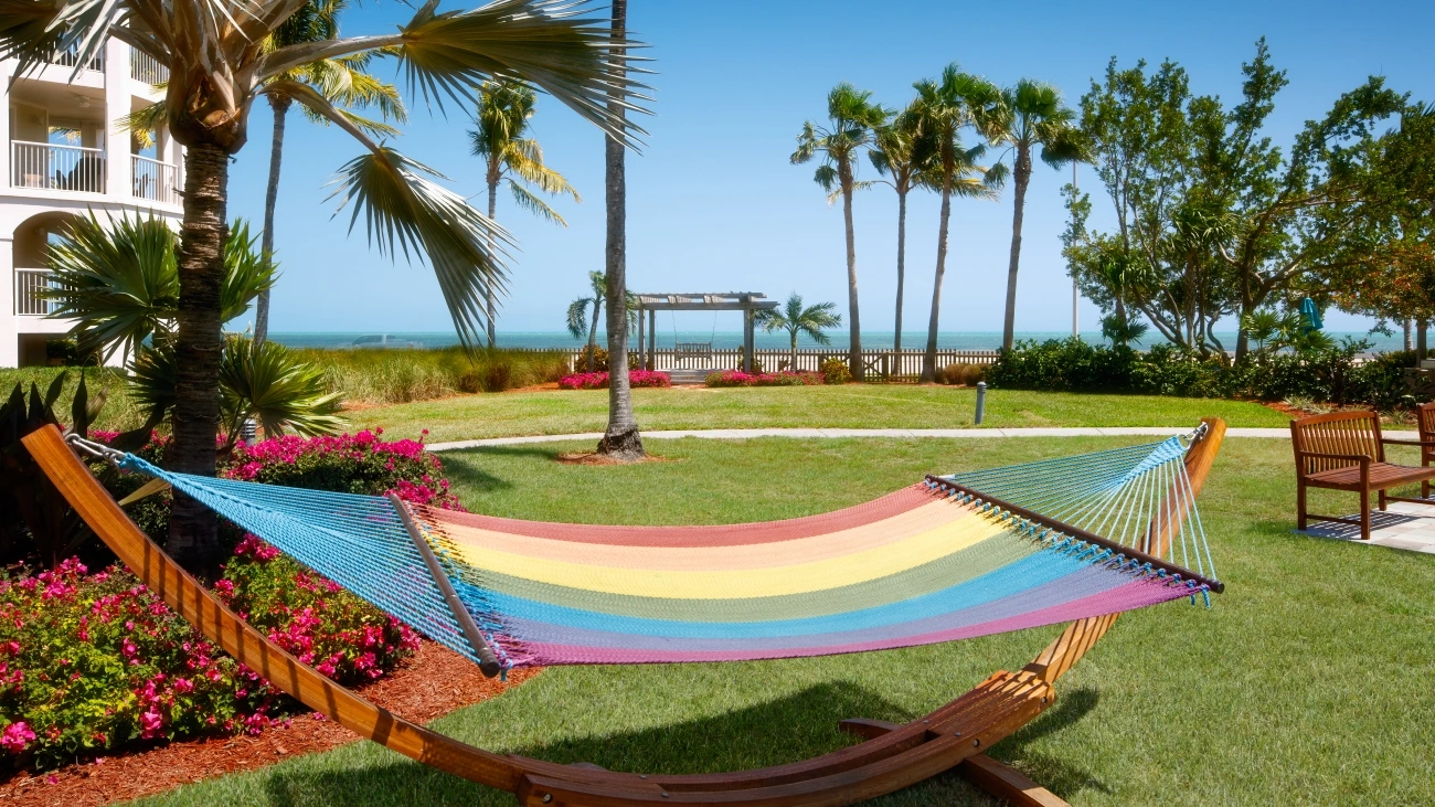  A rainbow-colored outdoor hammock at a seaside resort