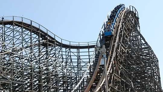 A wooden roller coaster at Silver Dollar City park